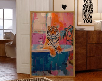 Bathroom Wall Art, Fun Art, Tiger Poster, Art Prints Trendy, Tiger In a Bath Print, Preppy Wall Art, Trendy Decor, Maximalist Dopamine Decor