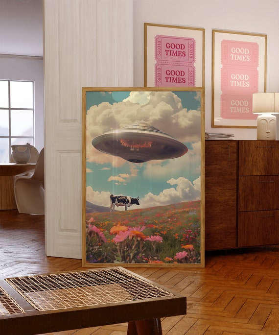 UFO Art, Trippy Wall Art, Retro Art, Cosmic Art, Vintage Art, Space Art, Art Print, 60s wall art, Colorful Art, Cow Abduction, Vibrant Print