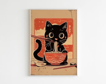 cat food poster,cute cat ramen,hungry cat poster,japan cat poster,japanese ramen cat,japan food poster,noodle cat japan,noodles vintage cat