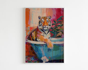 Bathroom Wall Art, Fun Art, Tiger Poster, Art Prints Trendy, Tiger In a Bath Print, Preppy Wall Art, Trendy Decor, Maximalist Dopamine Decor