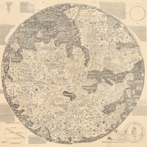 May include: A detailed, antique map with intricate illustrations and text, depicting continents and oceans. The map is circular, with detailed drawings and text around the edges. The map is printed in black and white on aged paper, showcasing a historical cartographic style.