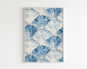 Colorful Pastel Seashell, Abstract Coastal Beach House Wall Art Print, Summer Dining Room Kitchen Print, Watercolor Seashells In Pastel Blue