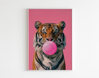 Tiger Wall Art, Fun Art, Tiger Poster, Art Prints Trendy, Tiger In a Bath Print, Preppy Wall Art, Trendy Decor, Maximalist Dopamine Decor