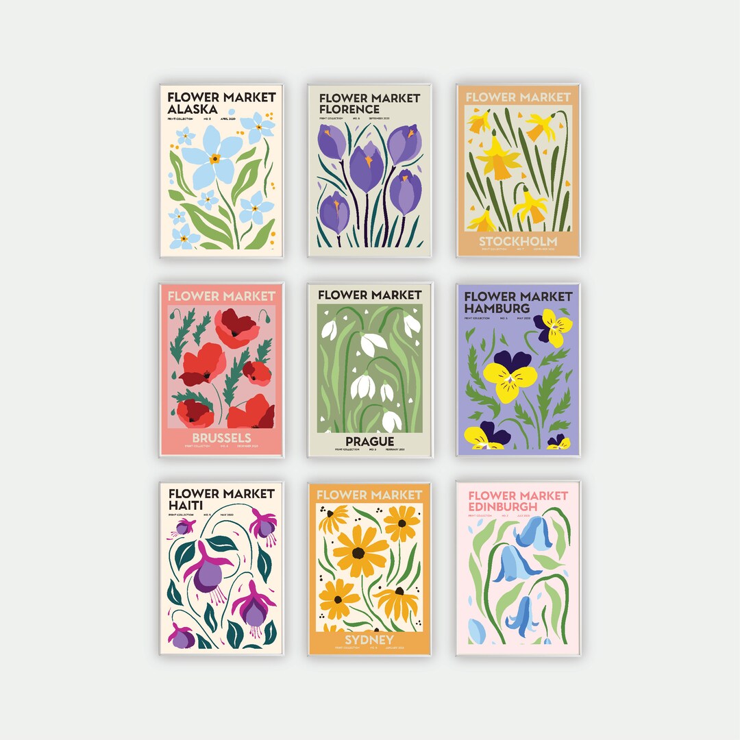 Flower Market Set of 9 Prints, Botanical Poster, Flower Market Wall Set ...