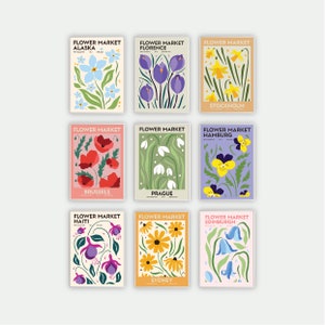Flower Market Set of 9 Prints, Botanical Poster, Flower Market Wall Set, Botanical Wall Art, Digital Art Print Set, Flower Market Print