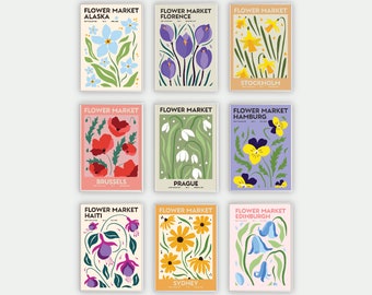 Flower Market Set of 9 Prints, Botanical Poster, Flower Market Wall Set, Botanical Wall Art, Digital Art Print Set, Flower Market Print