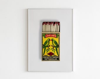 Vintage Lovebird Safety Matches Wall Art, Retro Matchbox Print, Match Box Print, bar cart art, gift idea, anniversary gift, unique vintage