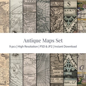Antieke Kaarten Set 9 Stuks, 1450-1618, Kaart van de wereld, Antieke Kaart, Atlas Kaart, Tartaria, Cartografie van de Wereld, Fine Art Print Kaarten, Digitale