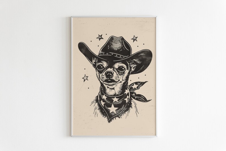 May include: Black and white illustration of a Chihuahua wearing a cowboy hat and bandana with star patterns. The artwork is framed and set against a beige background, with stars scattered around the dog's head.