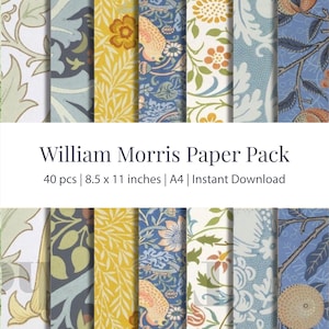 May include: A digital paper pack featuring 40 William Morris designs. The designs are in a variety of colors, including blue, green, yellow, and orange. The designs are all floral and feature intricate patterns. The text "William Morris Paper Pack" is at the top of the image. The text "40 pcs | 8.5 x 11 inches | A4 | Instant Download" is at the bottom of the image.
