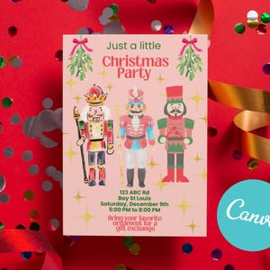 May include: A Christmas party invitation featuring three toy soldier figures in festive colours. The invitation includes the text "Just a little Christmas Party" and event details. The background is red with confetti and ribbon.