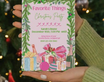 May include: A watercolor-style invitation for a "Favorite Things Christmas Party" with text and illustrations of gifts and champagne. The invitation is held in front of a Christmas tree. The text includes the date, time, and RSVP information.