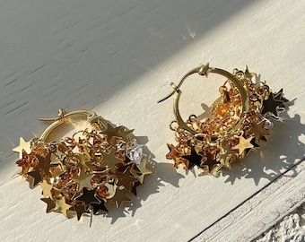 Hoop Earrings with Dangling Stars, Gold Starry Earring, Gold Statement Earring