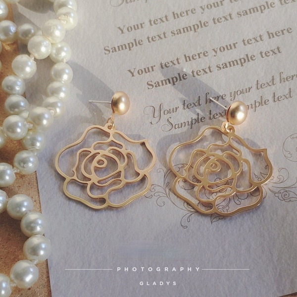 Gold Flower Earring, Camellia Silhouette Earring, Statement Earring