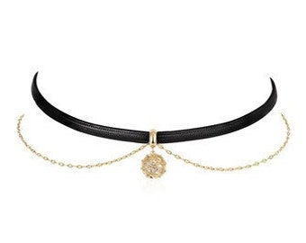 Black Tight Choker Necklace with Gold Charm, Layered Gold and Black Choker