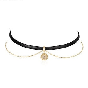 Black Tight Choker Necklace with Gold Charm, Layered Gold and Black Choker