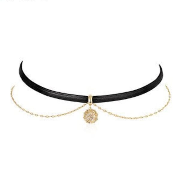 Black Tight Choker Necklace with Gold Charm, Layered Gold and Black Choker