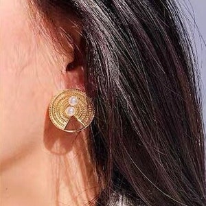 Gold Large Baroque Earrings, Vintage Large Statement Ear Stud, Chunky Round Earring