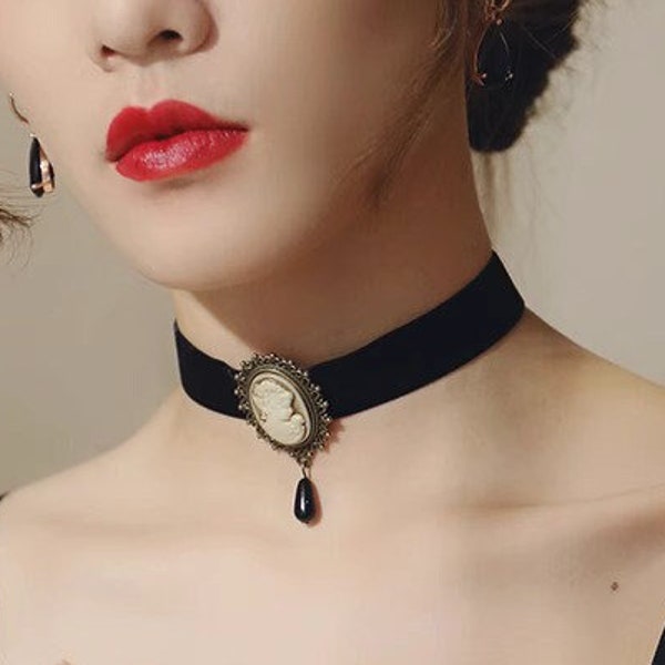 Black Tight Choker with Cameo Charm