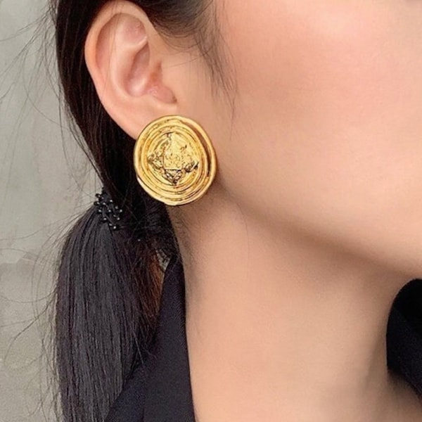 Gold Large Baroque Earrings, Vintage Large Statement Ear Stud, High Quality Gold(Please see the description for weight info)