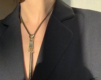 Luxury Zipper Necklace, Long Drop Gold/Silver Chain, Zipped Gold/Silver Choker, Adjustable Length, Wears two ways