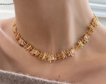 Gold Woven Necklace, Staggered Diamond Choker