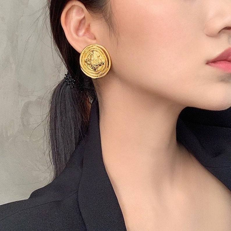 Gold Large Baroque Earrings, Vintage Large Statement Ear Stud, High Quality GoldPlease see the description for weight info image 1