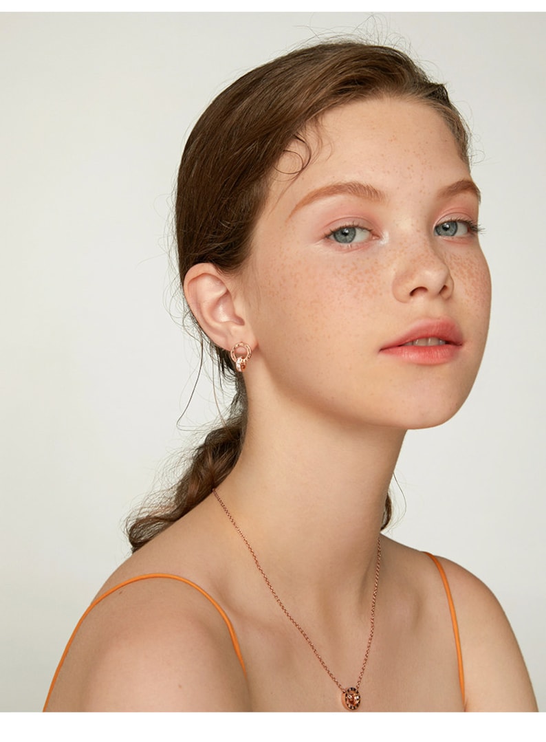 Dainty Rose Gold Earring with Double Circular Pendant Engraved with Roman Numerals