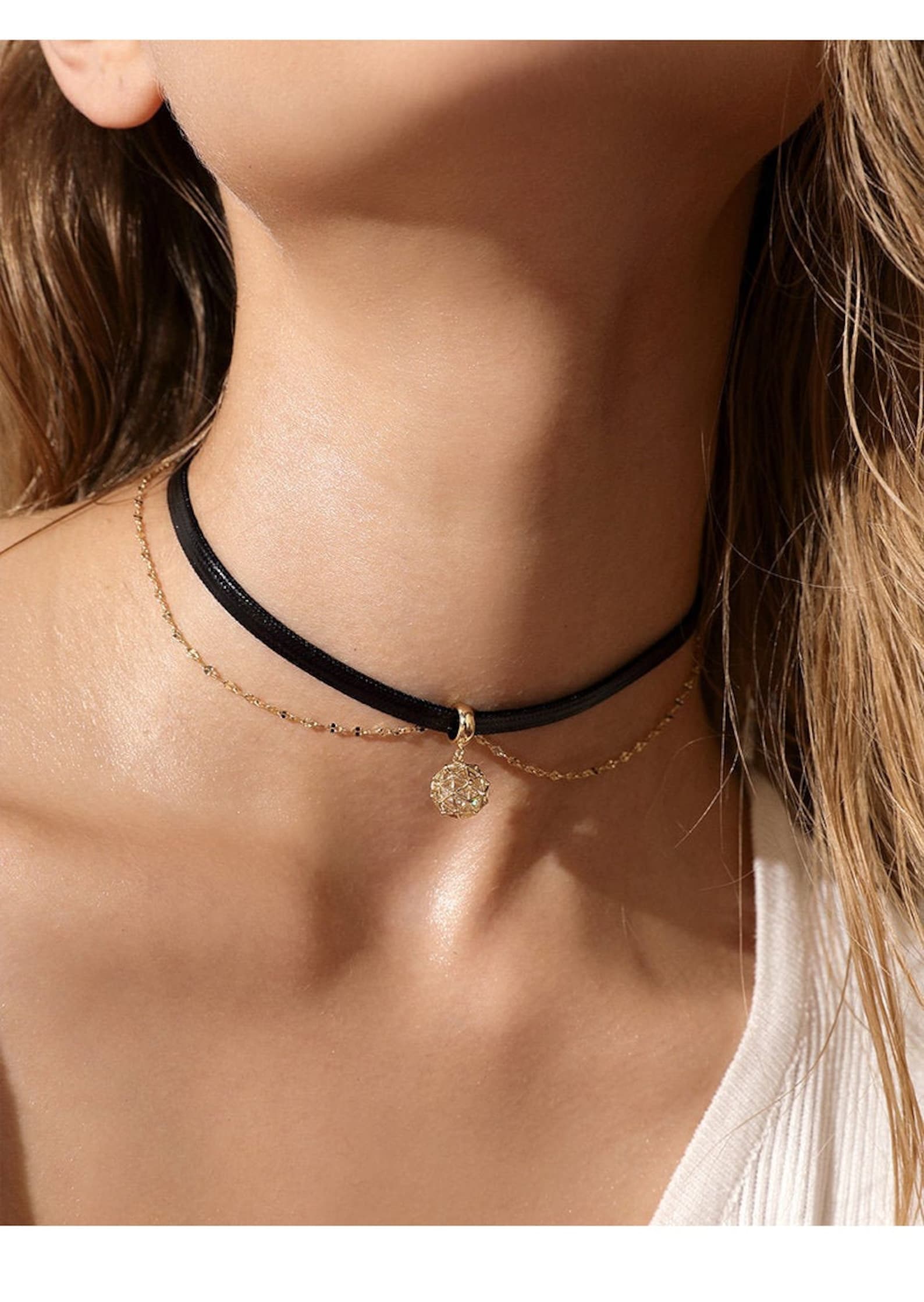 Black Tight Choker Necklace With Gold Charm Layered Gold and Etsy Ireland