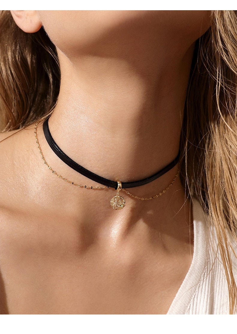 Black Tight Choker Necklace With Gold Charm Layered Gold and