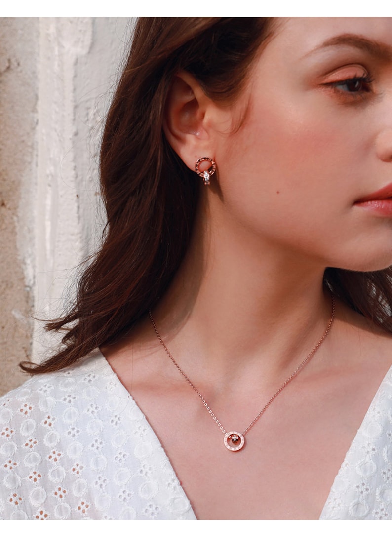 Dainty Rose Gold Earring with Double Circular Pendant Engraved with Roman Numerals