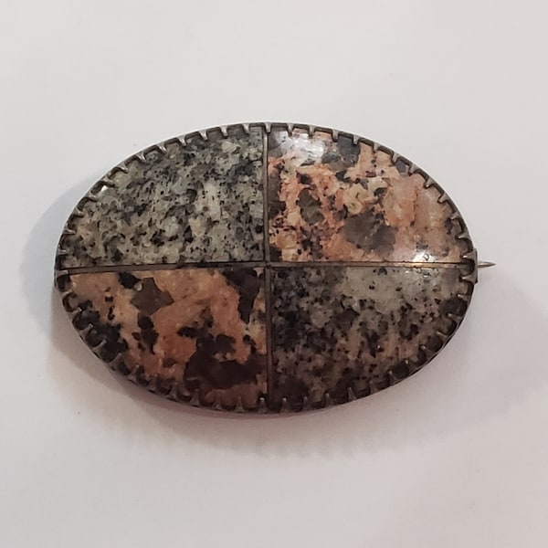 Early Celtic Victorian Silver Scottish Granite Pudding Stone Kilt Pin 2" Brooch (eR1)