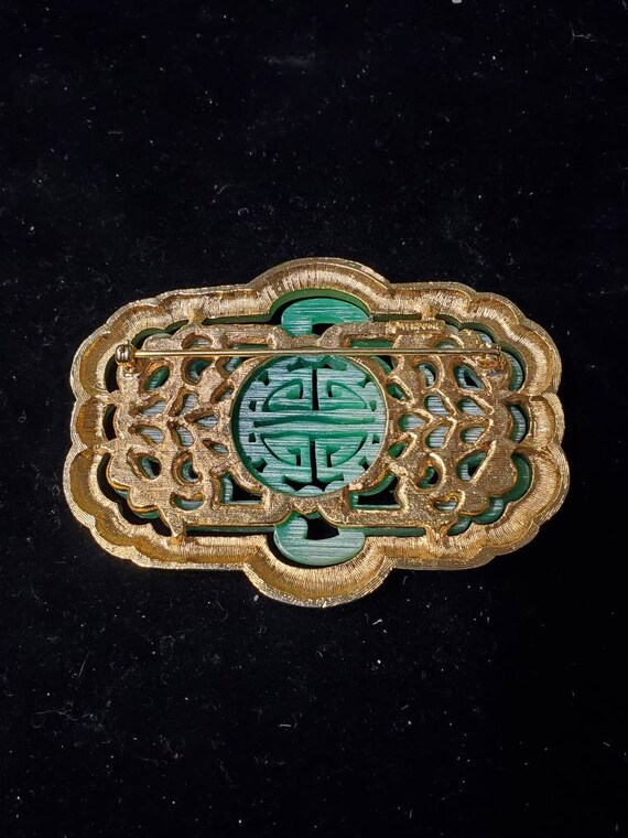 Vendone Asian Huge Faux Jade Gold Bar Pin Brooch … - image 2