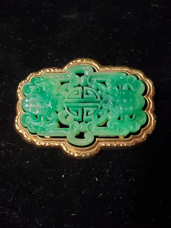 Vendone Asian Huge Faux Jade Gold Bar Pin Brooch … - image 1
