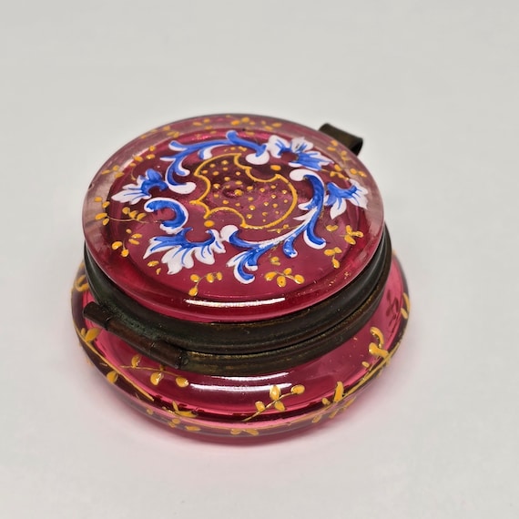 Antique Victorian Moser Cranberry Glass Pill Box … - image 1