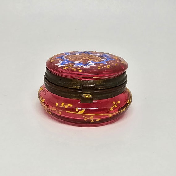 Antique Victorian Moser Cranberry Glass Pill Box … - image 2