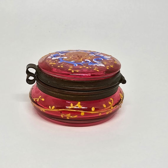 Antique Victorian Moser Cranberry Glass Pill Box … - image 3