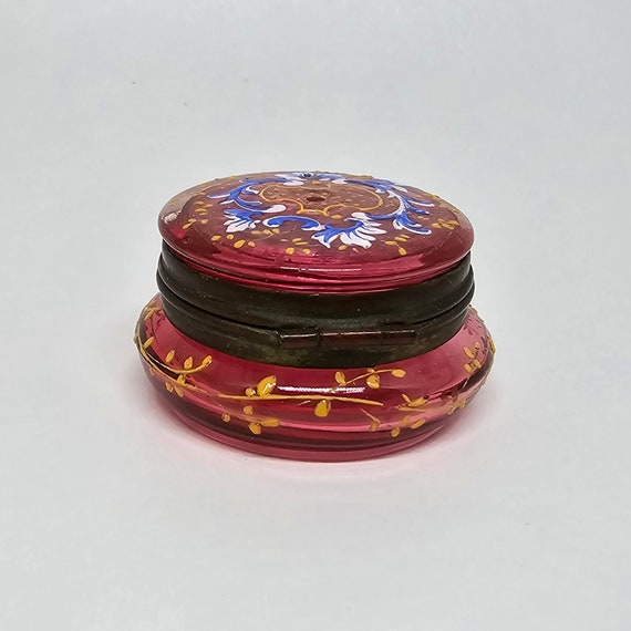 Antique Victorian Moser Cranberry Glass Pill Box … - image 4
