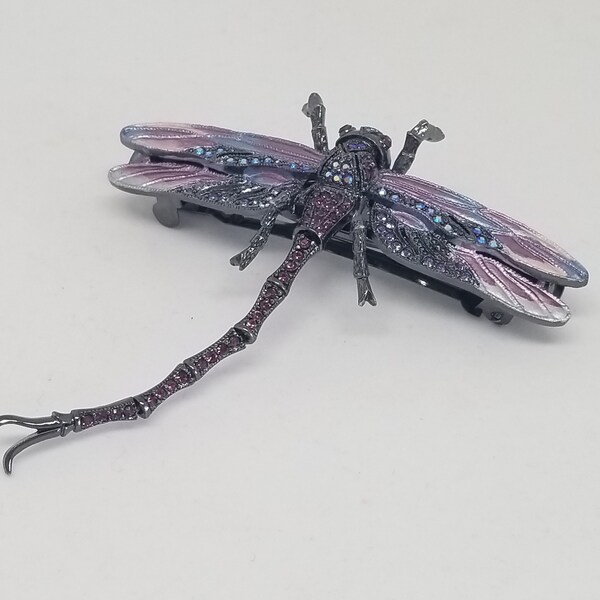 Dragonfly Rhinestone Enamel Articulating Mauve Purple Vintage Hairclip Barrette