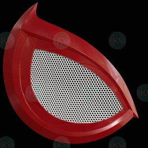 May include: A red and white plastic Spider-Man mask with a mesh eye design. The mask is in two pieces, with the eye piece separate from the rest of the mask.
