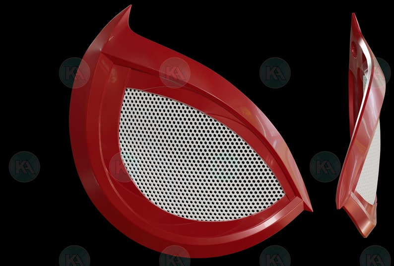May include: A red and white plastic Spider-Man mask with a mesh eye design. The mask is in two pieces, with the eye piece separate from the rest of the mask.
