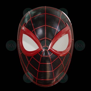 May include: A black and red Spider-Man mask with a white mesh eye design.