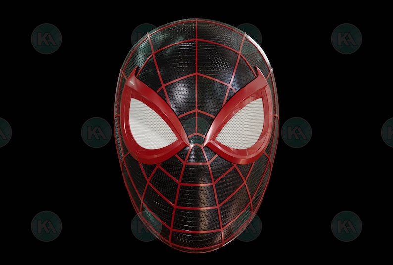 May include: A black and red Spider-Man mask with a white mesh eye design.