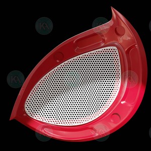 May include: Close-up of a red and white spider-man eye mask. The eye is a white mesh with a red frame.