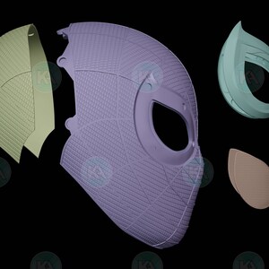 May include: A purple and green 3D printed mask with a spiderweb design. The mask is in five pieces and is ready to be assembled.