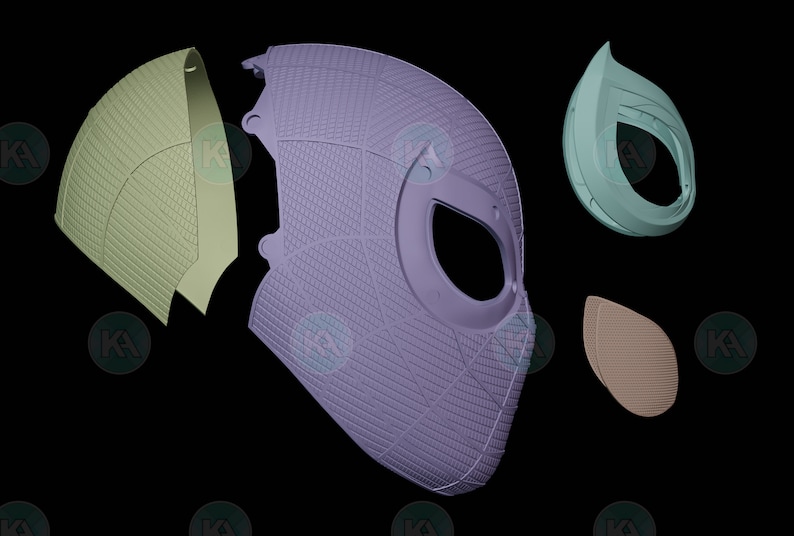 May include: A purple and green 3D printed mask with a spiderweb design. The mask is in five pieces and is ready to be assembled.