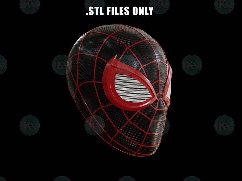 May include: A 3D printed model of a black and red Spider-Man mask. The mask has a web design and red eyes.