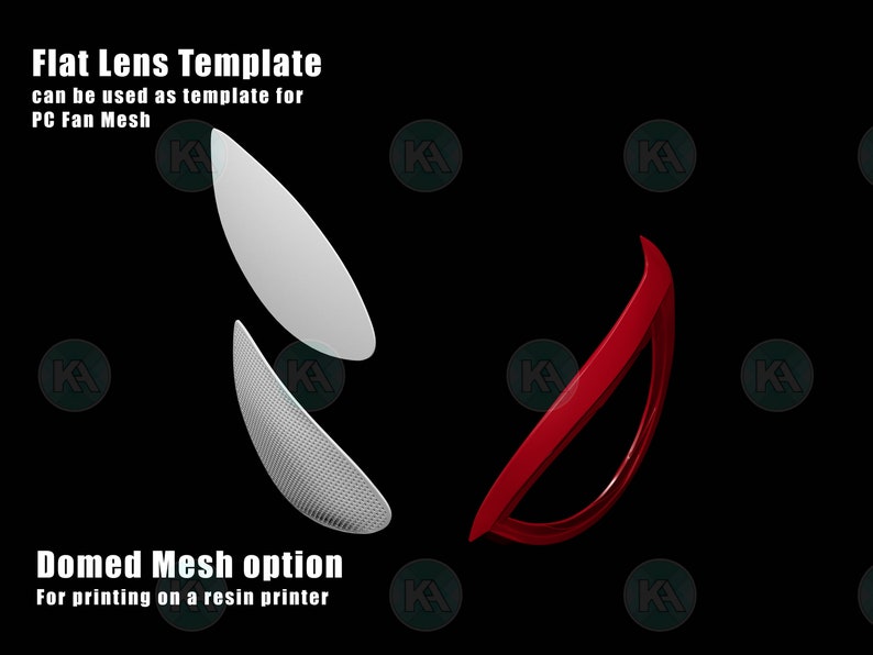 May include: A template for a PC fan mesh, showing a flat lens option in white and a domed mesh option in red. The text "Flat Lens Template" and "Domed Mesh option" is included in the image.