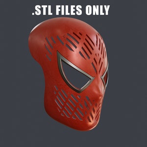 May include: A red mask with a textured surface and a design of diagonal lines. The eye openings are outlined in silver. The text ".STL FILES ONLY" is at the top of the image.