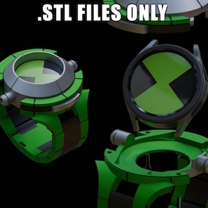 May include: A 3D printed model of a green and black watch with a green and black symbol on the face. The text '.STL FILES ONLY' is visible in the image.